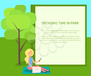 Spending time in park conceptual banner with blonde woman sitting on cover with laptop and mobile phone. Vector illustration of lady working on lawn