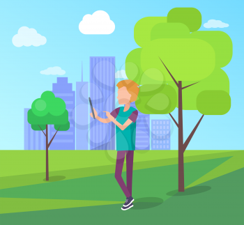 Man record video on digital tablet in city park on background of skyscrapers vector illustration. Faceless male communicate in free wi-fi zone