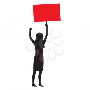 Woman black silhouette with red streamer raises her hand and shows protest isolated vector illustration on white background.