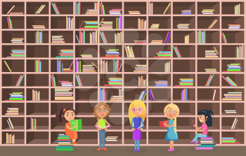 Little girls stand and sit beside huge bookcase full of books with colorful covers in library and read vector illustration.
