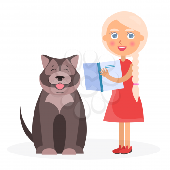 Pretty smiling girl holds blue tutorial and beside sitting tibetan mastiff with red tongue on white background vector illustration.