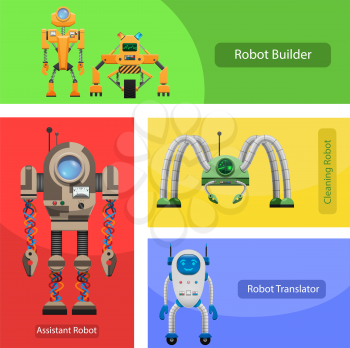 Unusual robots for building constructions, cleaning premises, translation in foreign languages and work assistance vector illustrations set.