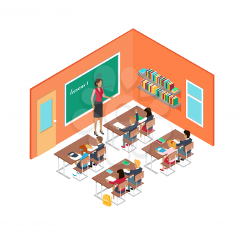 School room with teacher near blackboard and children sitting at desks. Vector illustration of classroom with orange walls and shelves with book on, teacher asking homework and boy rising his hand