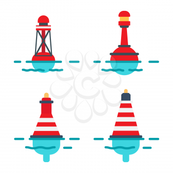 Striped red plastic buoys with lighter on top in blue water isolated flat vector illustrations set on white background. Equipment for safety in sea.