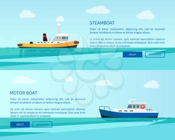 Retro steamboat and motor boat out in sea vector illustrations at internet page template with text. Small ships on cartoon seascape.