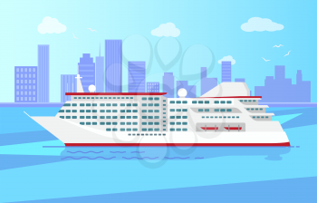 Summer cruise liner in blue waters on background of urban city vector illustration. Luxurious steamer going in start voyage in port of big city