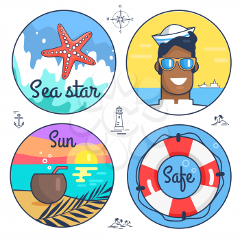 Collection of multiple marine icons and items. Vector illustration of pink sea star, happy sailor, peaceful seaside and life preserver