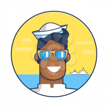 Circle poster depicting smiling man. Vector illustration of gleeful sailor against the background of calm see with ship and yellow sky