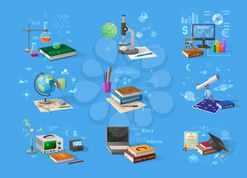 Chemistry flasks, bio microscope, economic charts, geo globe, books on maths and law, telescope for astronomy, tech equipment vector illustrations.