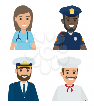 Four professions vector illustration of female doctor in blue uniform, black male policeman, bearded sailor and whiskered chef cook