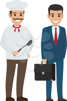 Chef food in uniform and manager in business suit. Whiskered person holds dark ladle and businessman with briefcase vector illustration