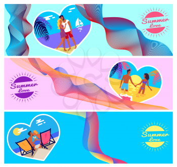 Summer love photos in heart shape frame, happy couples on vacation at seaside kiss on sunset, hug on beach and hold each others hands in ocean vector flyers