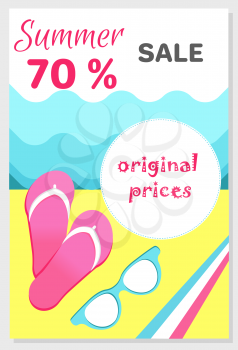 Summer sale poster with original prices 70 discount off, vector illustration banner with flip-flops and sunglasses on sea beach abstract background