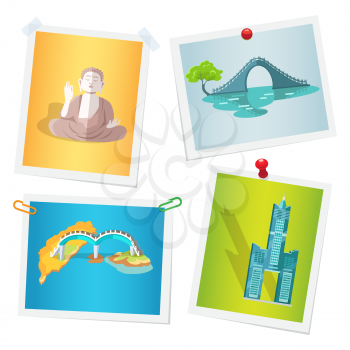 Images with Taiwanese national attractions attached by paper clips, drawing pins and scotch tape to wall. Vector illustration in flat design of photographs with memories about travel to Asian country