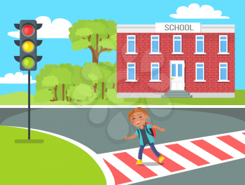Cheerful redhead kid with red rucksack crossing road from school to traffic lights during sunny day vector illustration in cartoon style