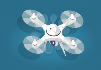 White flying quadcopter flat and shadow theme on blue background. Remote aerial drone with camera taking photography or video recording. Vector illustration art web banner in cartoon design.