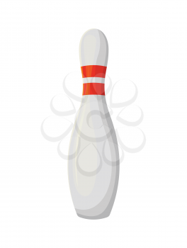 Skittle with red stripes, vertically standing of white pin, element for bowling game, glossy white bowl. Hit object, competition and tenpins strike vector