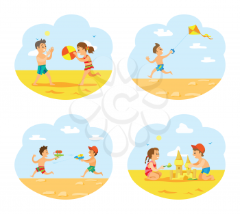 Beach vacations of children vector, boys and girls playing on beach. Boys with guns loaded with water, volleyball and wind kite in sky, sand castle