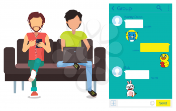 Men on couch using kakao talk Korean messenger vector. Chat interface with stickers, guys with smartphone and laptop, texting app, indoor furniture