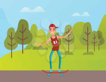Smiling boy balancing on skateboard, person in casual clothes and cap skating near green trees and mountain landscape, portrait view of skater vector