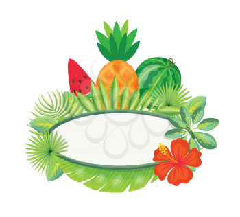 Frame with tropical fruits and exotic leaves isolated border with spare place. Vector piece of watermelon, pineapple and red flower, green foliage