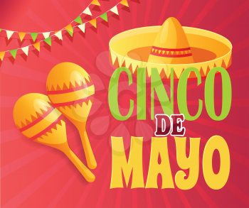 Cinco De Mayo party invitation poster in red color or flyer template decorated by maracas and hat. National holiday postcard with text, festive vector