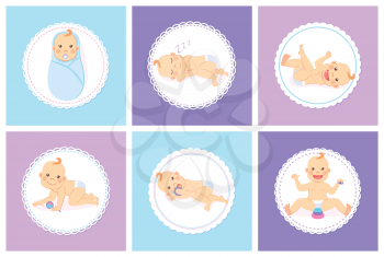 Newborn with forelock, sleeping or lying kid, playing with toys. Portrait view of child in diaper and nipple, toddler character in round, baby set vector