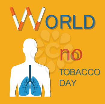 World no tobacco day colorful vector illustration isolated on yellow background human body icon with blue lungs, stop smoking banner and cigars set