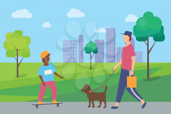 People spending time in city park. Vector boy in helmet riding on skateboard and man walking with dog, cartoon style illustration with skater and pet