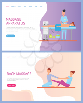 Apparatus massage for back of lying woman with towel, cosmetics under table and siting doctor stretching client on floor. Relaxation of body vector