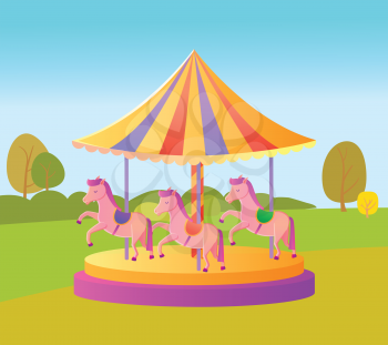 Spinning carousel with horses pony vector, kids and adults relaxation and leisure amusement park with trees and meadows, spring season fun weekends