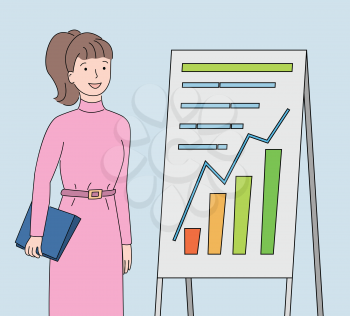 Visual representation of information vector, woman with clipboard and charts, whiteboard with stats on business project, businesslady researching analytics