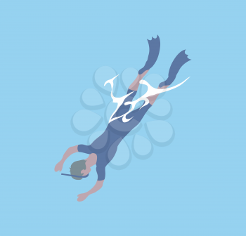 Diver in flippers and mask diving into deep sea waters, top view. Vector snorkeling man in protective swimsuit spend free time at summer. Active way of life
