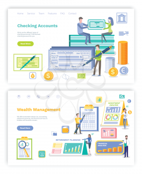 Checking account vector, people signing plans and bills, man with big pen and check on name. Retirement infographics and tax information.Wealth management. Website or webpage, landing page flat style