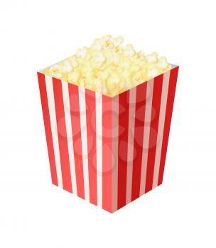 Paper bag full of popcorn. Red and white striped bucket special for popcorn isolated on white background vector Illustration