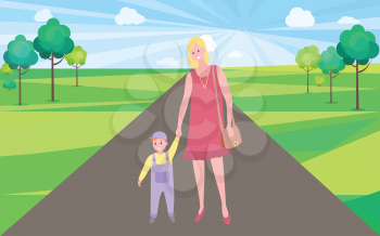 Mother and kid walking vector, woman teaching son to walk in city park with buildings. Mom and small child, person with handbag and kiddo wearing bodysuit