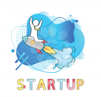 Startup business vector, man wearing tie businessman riding flying launches rocket with smoke, development of project, successful job and results