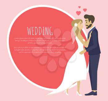 Man and woman vector, people in love poster with text sample, hearts decor. Bride and groom kissing and hugging, cuddling person tender female and male