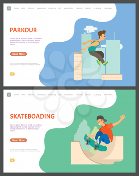 Young teenagers with hobbies vector, skateboarder with skate making tricks in air. Parkour jumping guy from roof to top of skyscrapers. People set website or webpage template, landing page flat style