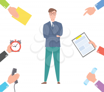 Businessman and hands with objects, business person looking at hands of colleagues, clock and call telephone and clipboard with information flat style