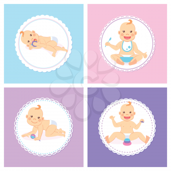 Smiling baby wearing bib and eating vector, kid holding spoon flat style. Childhood newborn baby laying, playing child, plastic toys on ground set