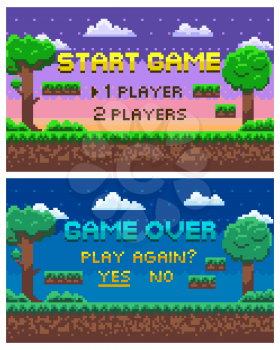 Game over scenes for fights and places of leaves, evening and night views, players option between one or two gamers, pixel trees and stars, clouds. Platformer video-game. 8 bit pixelated art app gemes