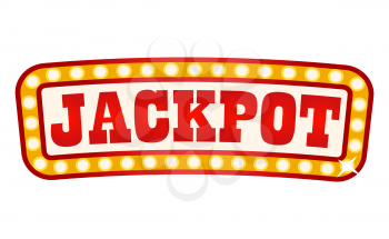 Retro banner with inscription vector, jackpot in casino flat style. Poster with shiny frame made up of bulbs. Playing games on money, gambling set