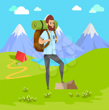Man with beard standing on rock, climber with backpack and mat on backdrop of mountain landscape and tent. Sporty male character hiking, active hobby vector