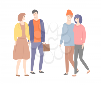 Male and female in love, guy with suitcase, people in casual cloth walking and flirting. Cartoon man and woman holding hands vector isolated couples