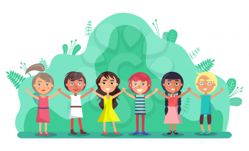 Group of children holding hands and smiling outdoors. Full length view of cute little kids in colourful clothes standing together in park. Friendship and childhood vector