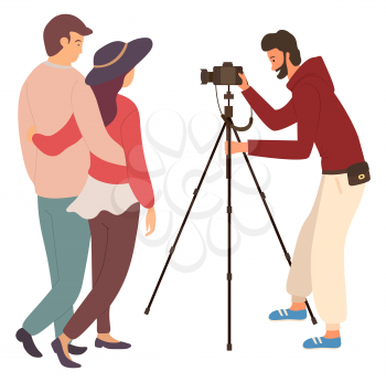 Photosession of couple, man shooting videos or photos by camera on tripod, isolated male journalist or photo-correspondent. Vector job of photographer