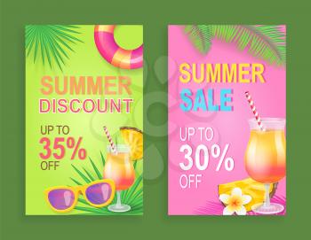Summer discount sale set vector. Proposition and clearance, seasonal price reduction. Lifebuoy and sunglasses,, , cocktail with straw, tropical flower