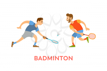 Players of badminton vector, men wearing summer clothes holding rackets hitting ball isolated characters in sportive mood. Competitors on tournament