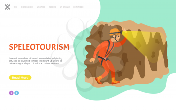 Speleotourism hobby of man, dangerous hobby of person wearing special costume, cave underground tunnel, adventure of male with flashlight. Website or webpage template, landing page flat style